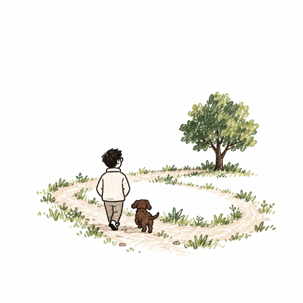 A small figure and brown dog walking a looping path toward a green tree
